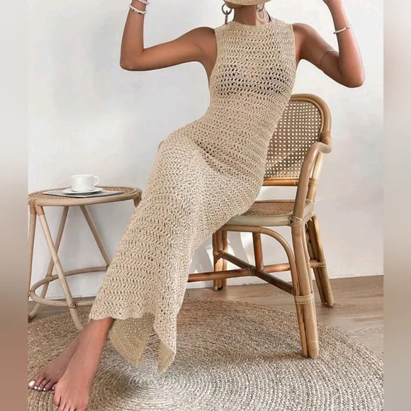 NEW Chic Crochet Knit Bodycon Maxi Swim Cover Up Dress Khaki Tan Beige